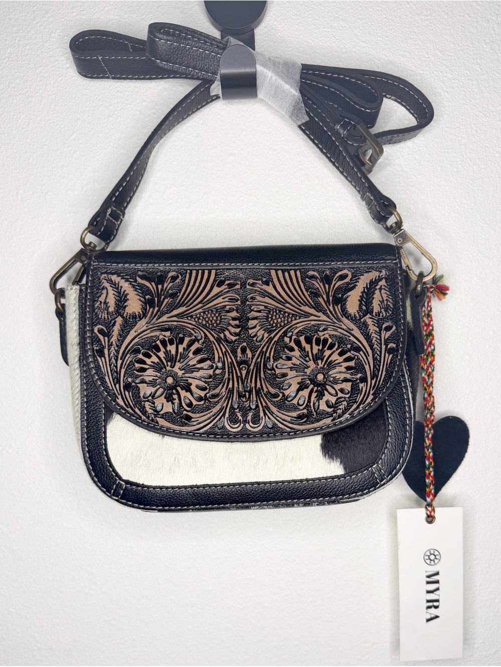 Myra Bag Black & Cream Tooled Floral Flap Crossbody
